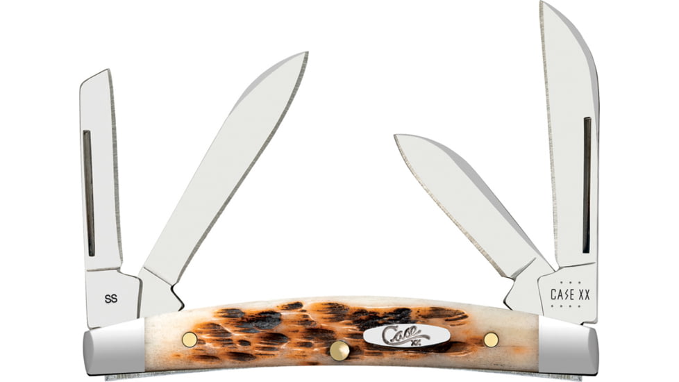 Case Small Congress Amber Jig Folding Knife, 3.13in Closed, Mirror Sheepsfoot/Spear/Pen/Coping Blades, Amber Jigged Bone Handle, 10723