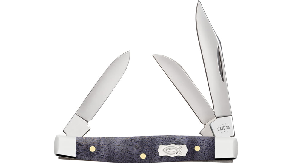Case Small Stockman Purple Maple Folding Knife, 2.63in Closed, Mirror Clip/Sheepsfoot/Pen Blades, Purple Curly Maple Handle, 80547
