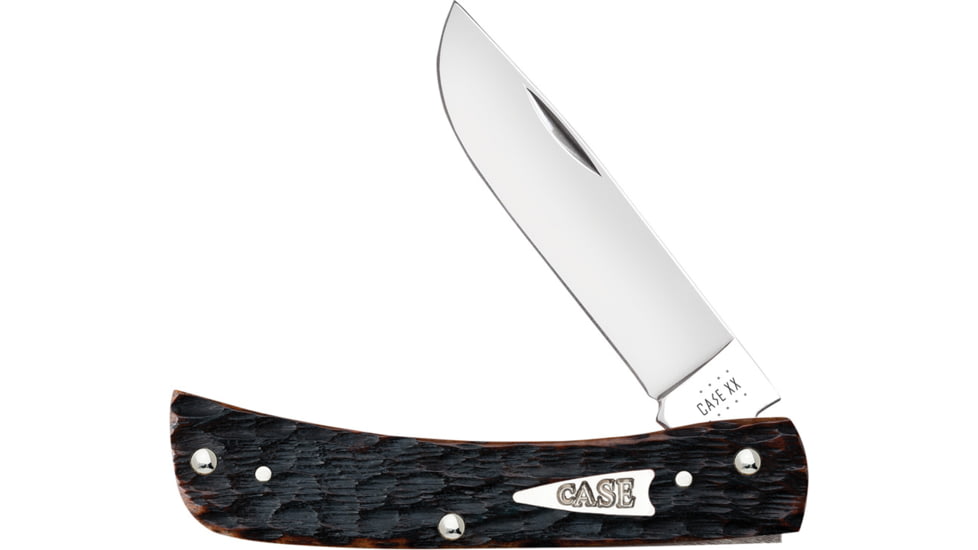 Case Sod Buster Jr Brown Bone Folding Knife, 3.63in Closed, Mirror Skinner Blade, Brown Peach Seed Jigged Bone Handle, 42653