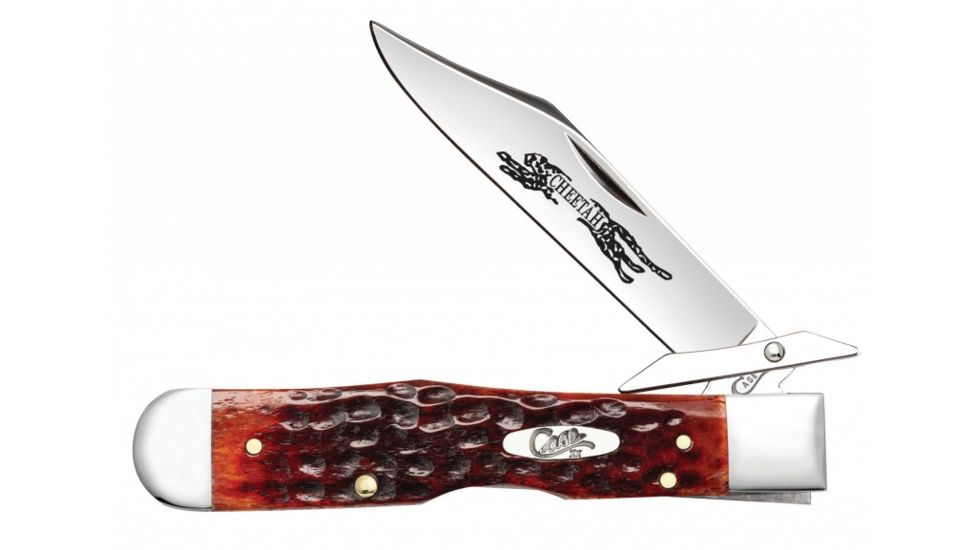 Case Cheetah Folding Knive, Chrome Vanadium Steel Embellished locking Clip Blade, Chestnut Bone Handle, 4.375in Closed, 07019