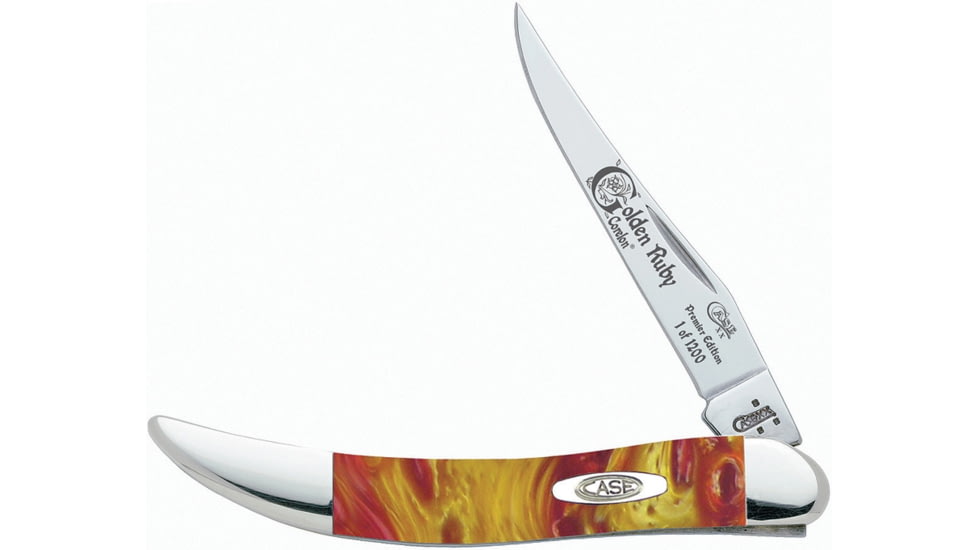 Case Golden Ruby Toothpick Folding Knife, Mirror SS Clip Blade, Golden Ruby Corelon Handle, Nickel Silver Bolster, Inlay Shield, Blade Etching, 910096GR
