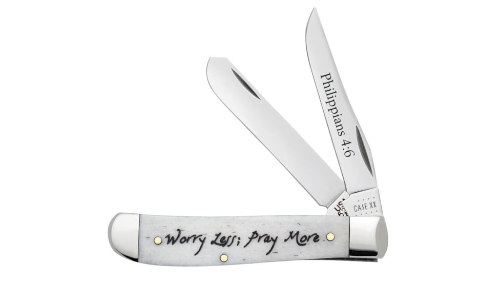 Case Mini Trapper Folding Knife Worry Less Pray More, 3.5 in, Tru-Sharp Surgical Steel, Embellished Smooth Natural Bone Handle, 60869