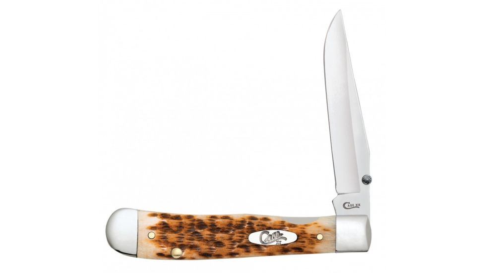 Case Peach Seed Jig Kickstart TrapperLock Folding Knive w/Belt Clip, Surgical Steel Clip Blade, Amber Bone Handle, 4.125in Closed, 30090