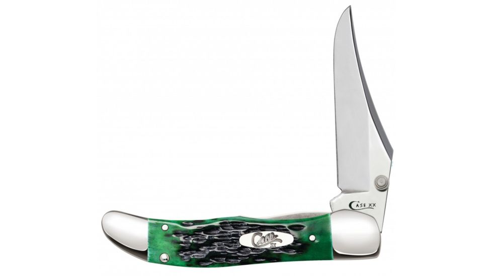 Case Pocket Worn Peach Seed Jig Kickstart Mid-Folding Hunter Knive w/ Belt Clip, Surgical Steel Blade, Bermuda Green Bone Handle, 4in Closed, 09782