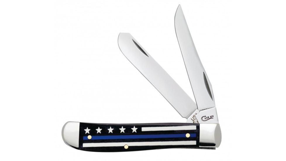 Case Stripes of Service - Embellished Mini Trapper Folding Knive, Surgical Steel Clip and Spey Blades, Smooth Natural Bone Multi Handle, Blue Line, 3.5in Closed, 06568