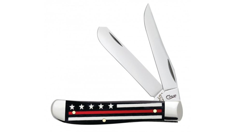 Case Stripes of Service - Embellished Mini Trapper Folding Knive, Surgical Steel Clip and Spey Blades, Smooth Natural Bone Multi Handle, Red Line, 3.5in Closed, 07311