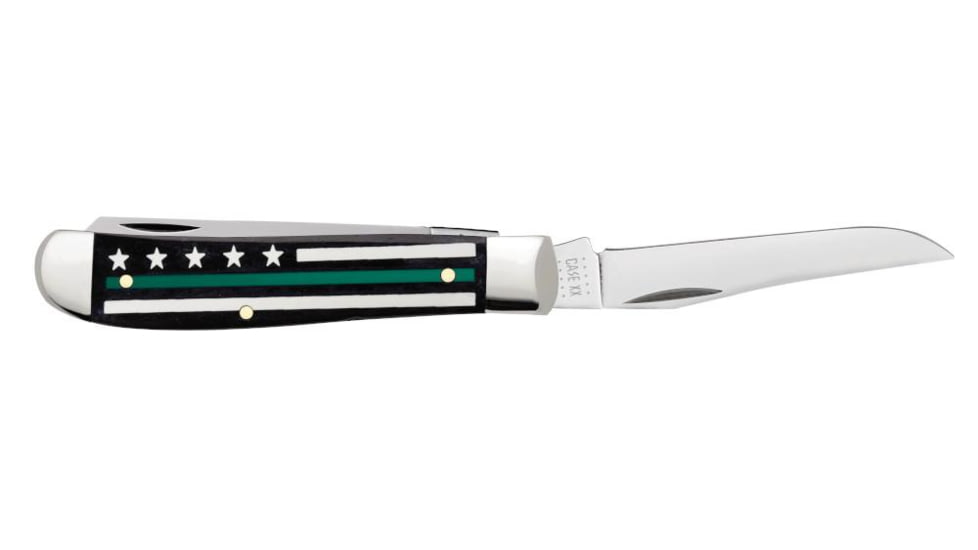 Case Stripes of Service Mini Trapper Folding Knife, 3.5 in, Tru-Sharp Surgical Steel, Smooth Black Bone with Green Line Handle, 09576