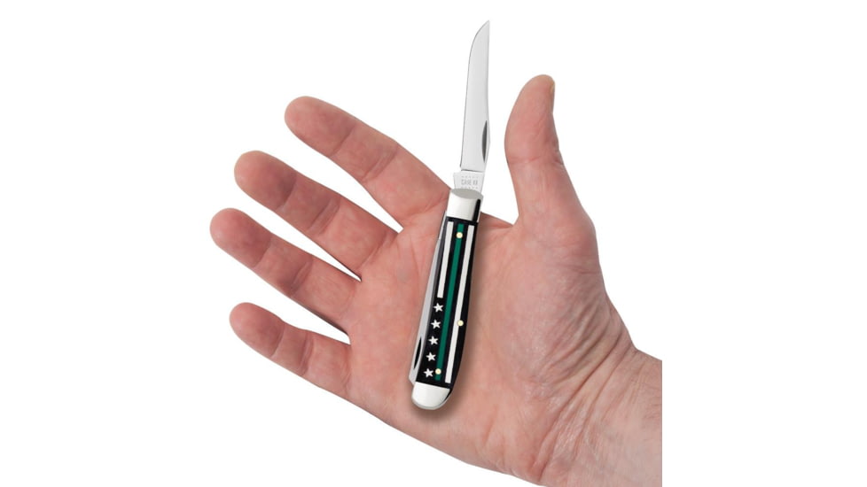 Case Stripes of Service Mini Trapper Folding Knife, 3.5 in, Tru-Sharp Surgical Steel, Smooth Black Bone with Green Line Handle, 09576
