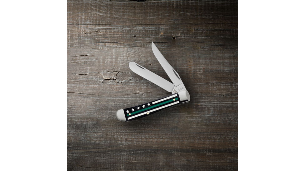 Case Stripes of Service Mini Trapper Folding Knife, 3.5 in, Tru-Sharp Surgical Steel, Smooth Black Bone with Green Line Handle, 09576