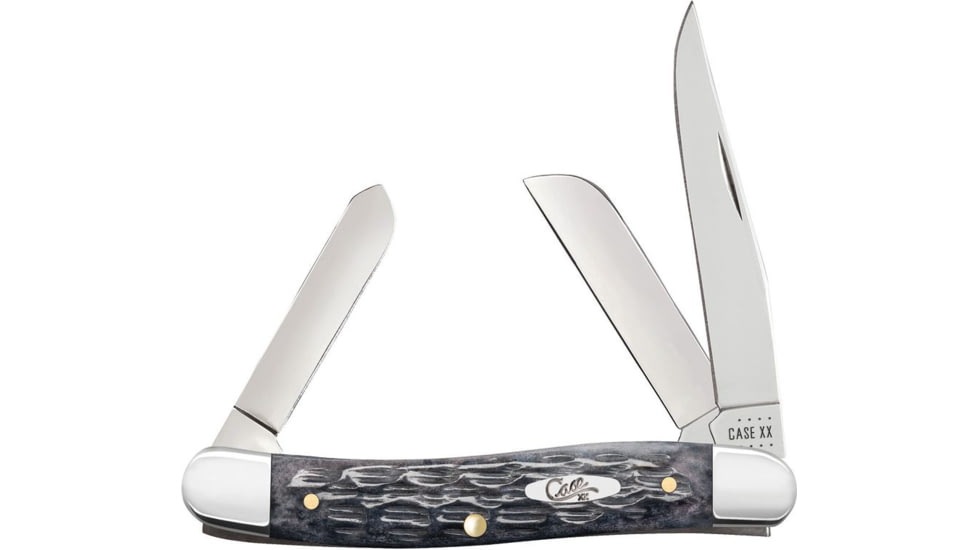 Case Stockman Crandall Gray Folding Knife, 3.63in Closed, Carbon Steel, Mirror Clip/Sheepsfoot/Spey Blades, Pocket Worn Gray Crandall Jigged Bone Handle, 58413