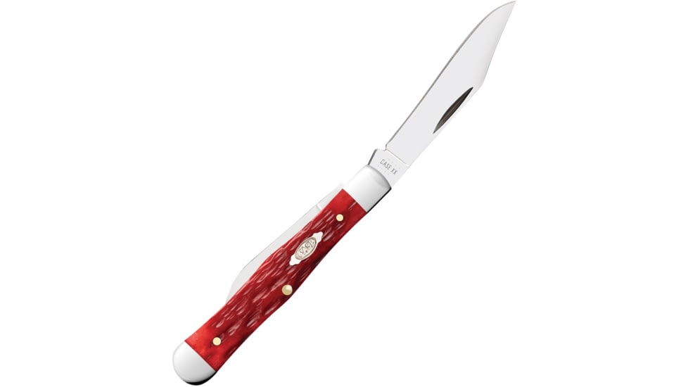 Case Swell Center Jack Red Bone Folding Knife, 3in Closed, Carbon Steel, Mirror Clip/Pen Blades, Dark Red Jigged Bone Handle, 31959
