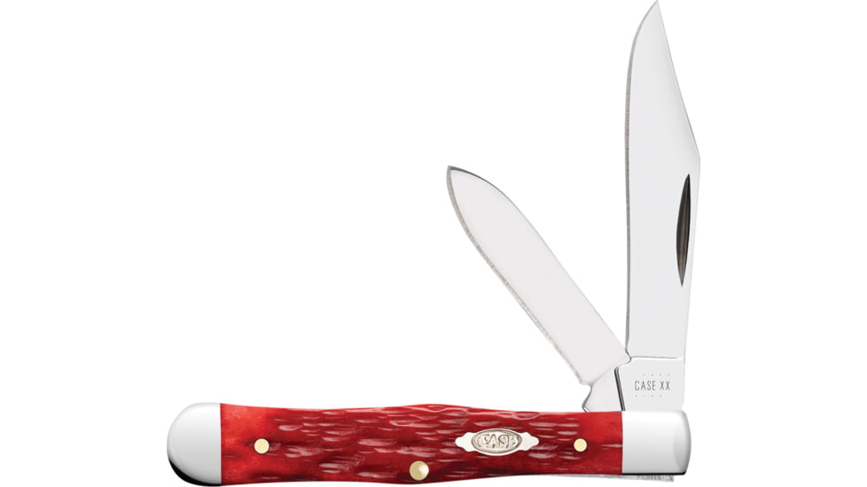 Case Swell Center Jack Red Bone Folding Knife, 3in Closed, Carbon Steel, Mirror Clip/Pen Blades, Dark Red Jigged Bone Handle, 31959