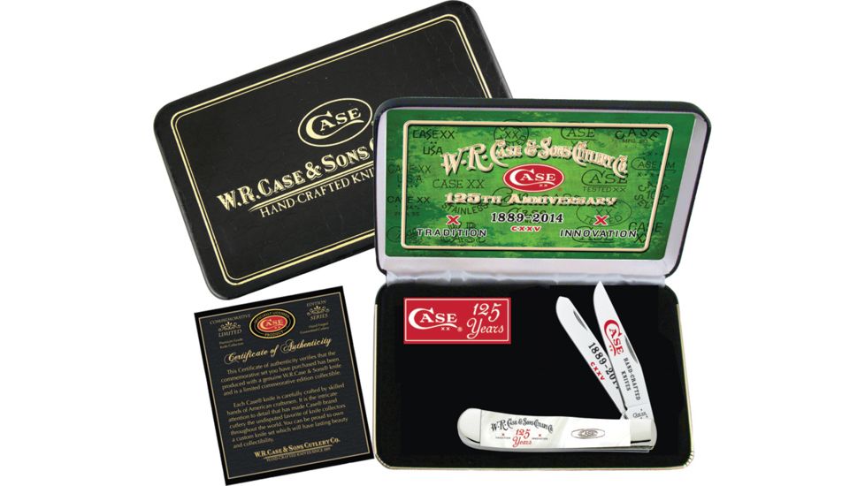 Case Trapper 125th Anniversary Folding Knife,Stainless Steel,Clip and Spey,White Pearl,Corelon Handle CA9254125WP