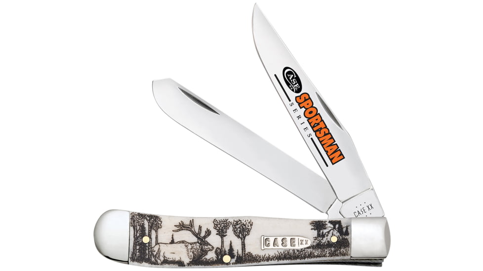 Case Trapper Sportsman Folding Knife, 3.24in/3.27in, Tru-Sharp Surgical Steel, Clip Point/Spey Blade, Elk Embellished Natural Bone Handle, 81222