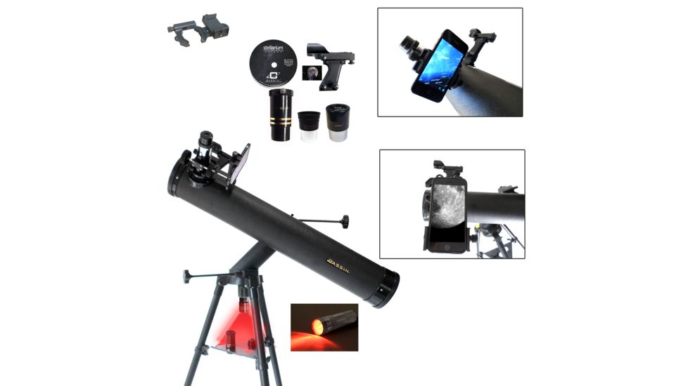 Cassini Astronomical Reflector Telescope and #G-SPA Smartphone Adapter and red LED observation light, Black, 800x80mm, C-SS80