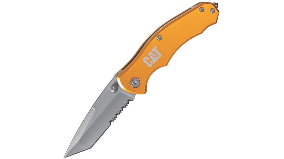 Caterpillar Linerlock Yellow Folding Knife, 2.63in Satin Partially Serrated SS Tanto Blade, Yellow Aluminum Handle, Glass Breaker, Thumb Stud, Pocket Clip, Yellow, 980011