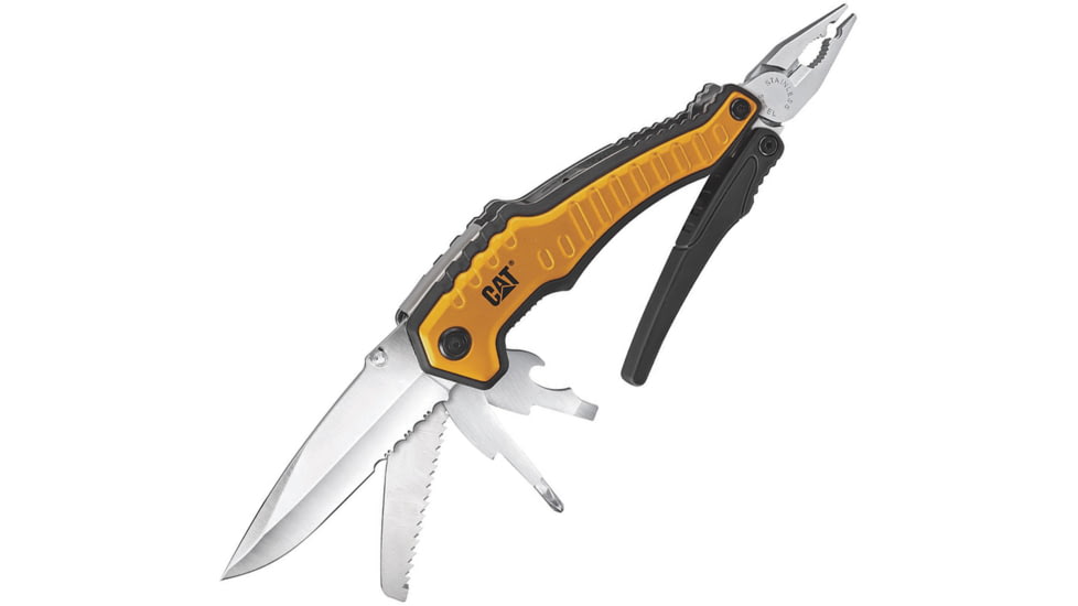 Caterpillar Multi Function Tool 9-in-1, 4 partially serrated blade, Yellow aluminum handle, 980045