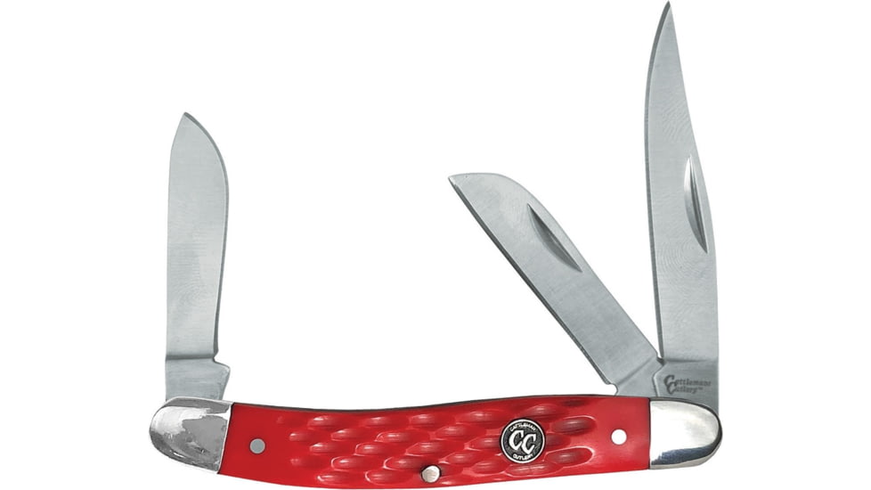 CattlemanS Cutlery Signature Stockman Folding Knife, Satin 3Cr13 SS Clip, Sheepsfoot, Spey Blades, Red Jigged Delrin Handle, SS Bolster, Inlay Shield, CC0001JRD