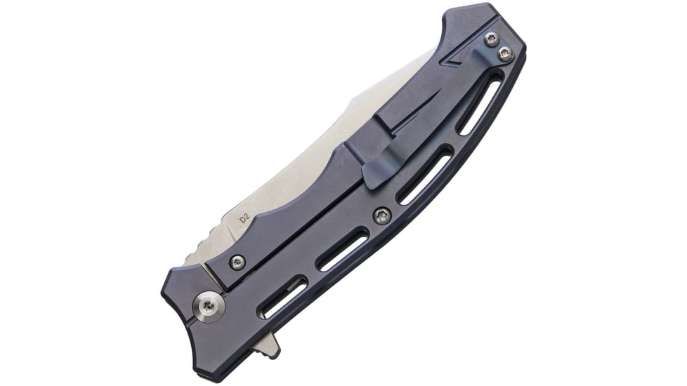 CH Knives Framelock Blue Folding Knife, 3.5in Stonewash D2 Tool Steel Blade, Blue Titanium Handle, Pocket Clip, CH3009