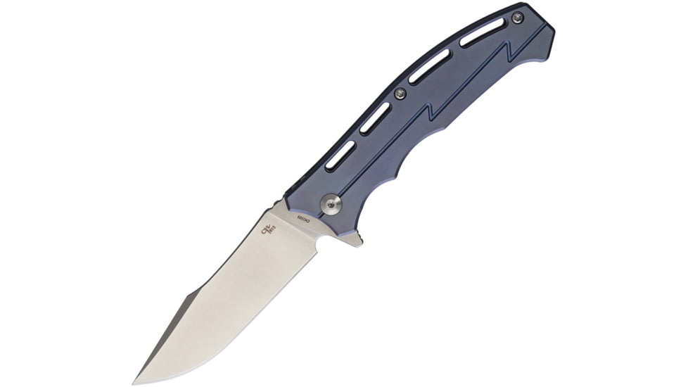 CH Knives Framelock Blue Folding Knife, 3.5in Stonewash D2 Tool Steel Blade, Blue Titanium Handle, Pocket Clip, CH3009