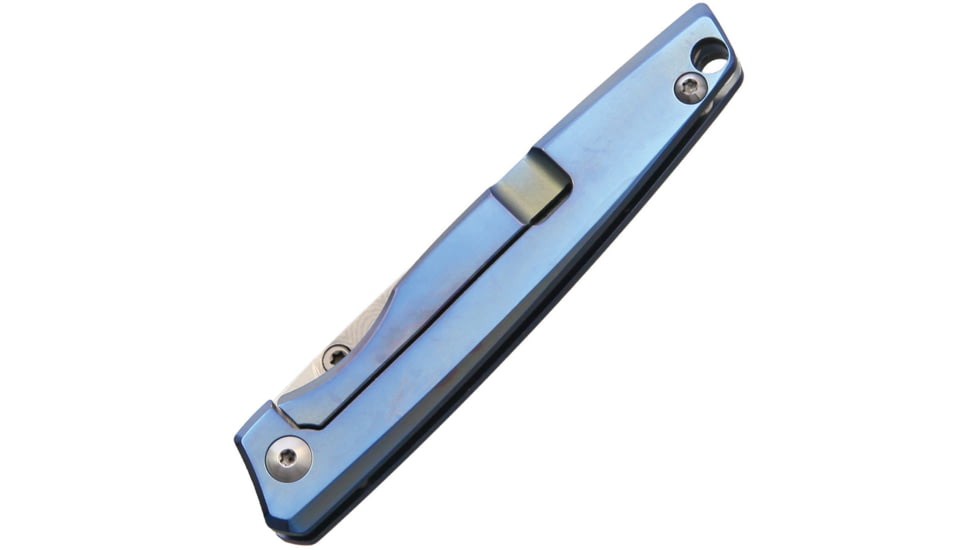 CH Knives Mini Framelock Damascus Folding Knife, 2.25in Damascus Steel Blade, Blue Anodized Titanium Handle, Thumb Stud, Gift Tin., MINI