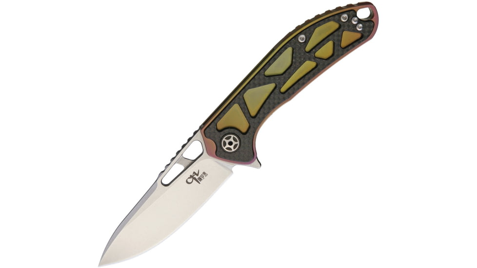 CH Knives Tiium Framelock Folding Knife, 3.75in Stonewash D2 Tool Steel Blade, Spectrum Anodized Titanium, CH3509