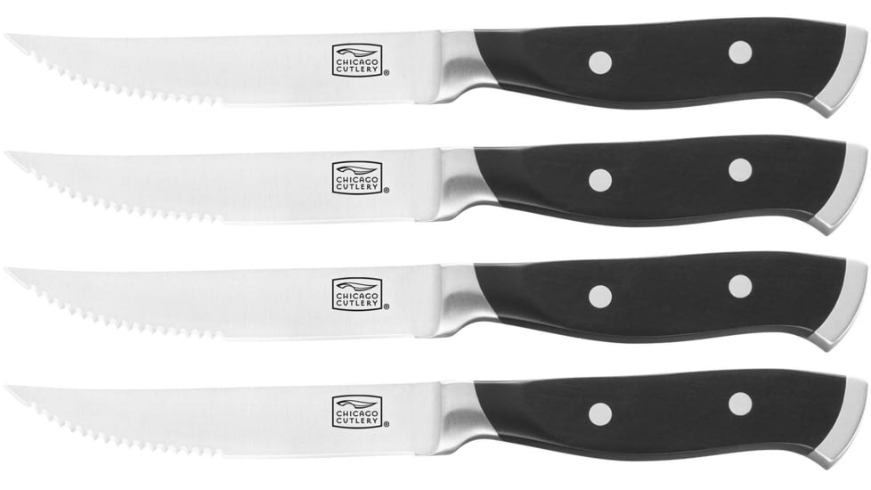 Chicago Cutlery Armitage Steak Knives, 4.5&quot; satin finish partially serrated high carbon s, Black polymer handle, 1132352