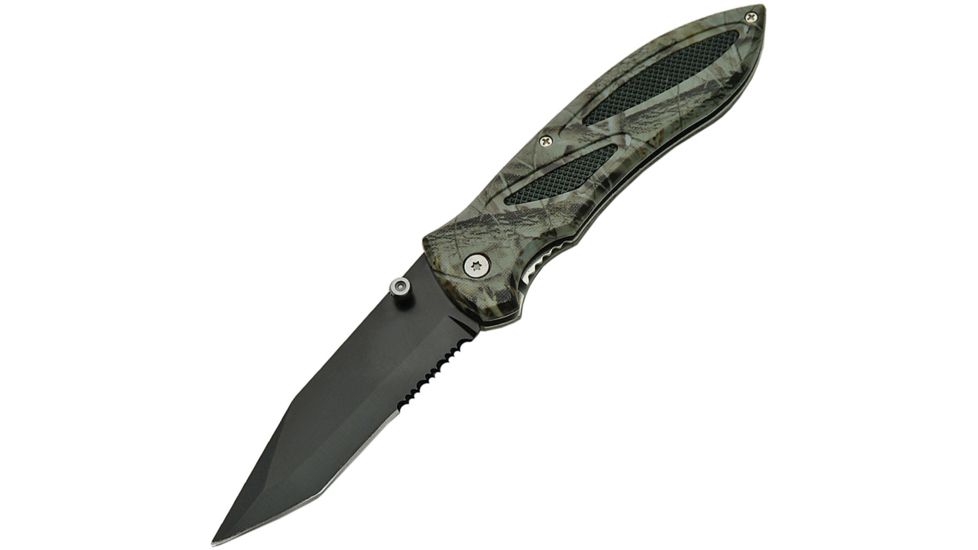 China Made Camo Linerlock Folding Knife,3.75in,Stainless Steel,Partially Serrated,Tanto,Black,Camo,Synthetic Handle CN211219