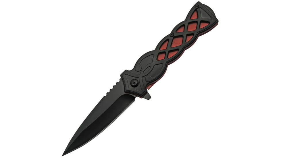 China Made Celtic Linerlock A/O Red Folding Knife, 3.5 black finish stainless blade, Black plastic handle, 300517