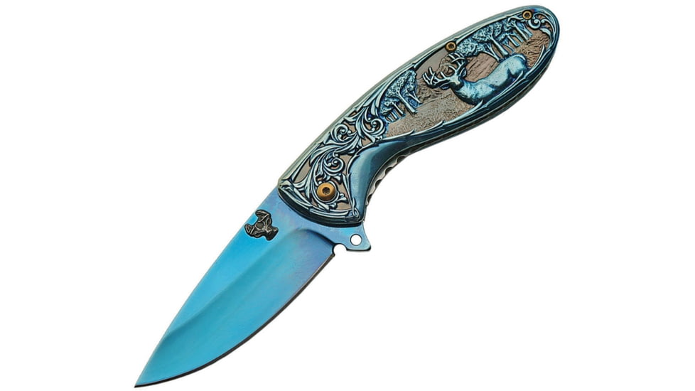 China Made Deer Linerlock A/O Folding Knife, 4.5in Closed, 3.25in Blue Titanium Coated SS Drop Point, Blue Titanium Finish SS, Blue, 300428-BL