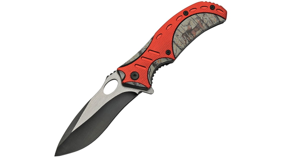 China Made Deer Linerlock A/O Folding Knife, 4.75in Closed, 3.75in Two-Tone Finish SS Blade, Black Synthetic, Black, 300490-DE