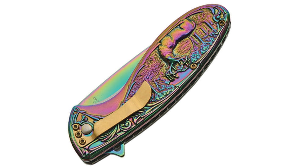 China Made Deer Linerlock Spectrum A/O Folding Knife, 4.5in Closed, 3.25in Spectrum Titanium Coated SS Drop Point, Spectrum Titanium Finish SS, Spectrum, 300428-RB