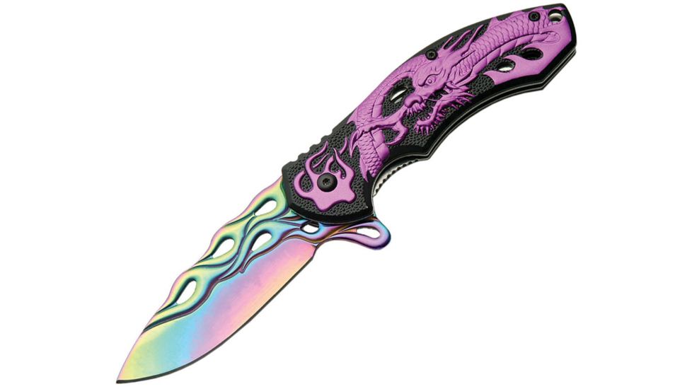 China Made Dragon Flame Purple/Black Folding Knife,3.125in,Black,Composition Handle CN300291PU