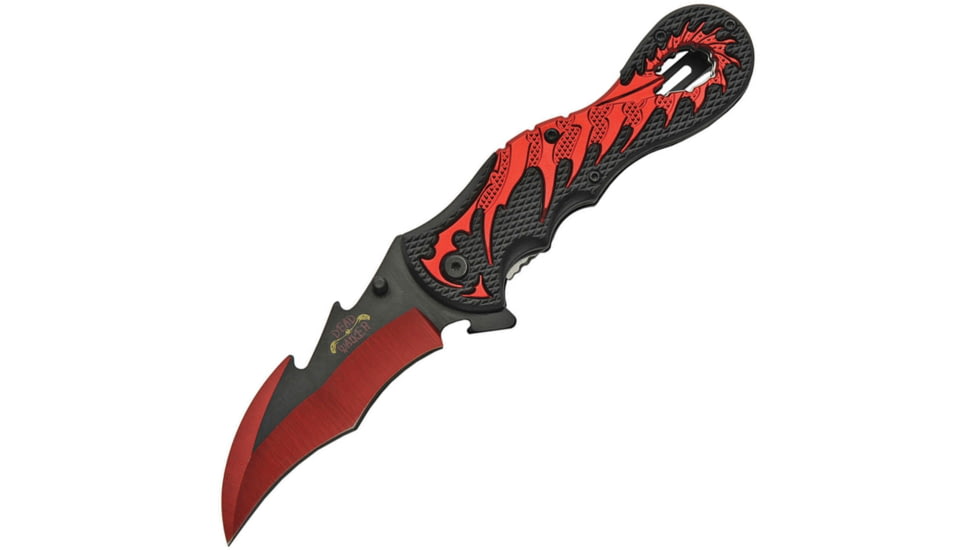 China Made Dragon Linerlock A/O Folding Knife, 5in Closed, 3.75in Two-Tone Finish SS Blade, Black/Red Aluminum, Black/Red, 300460-RD