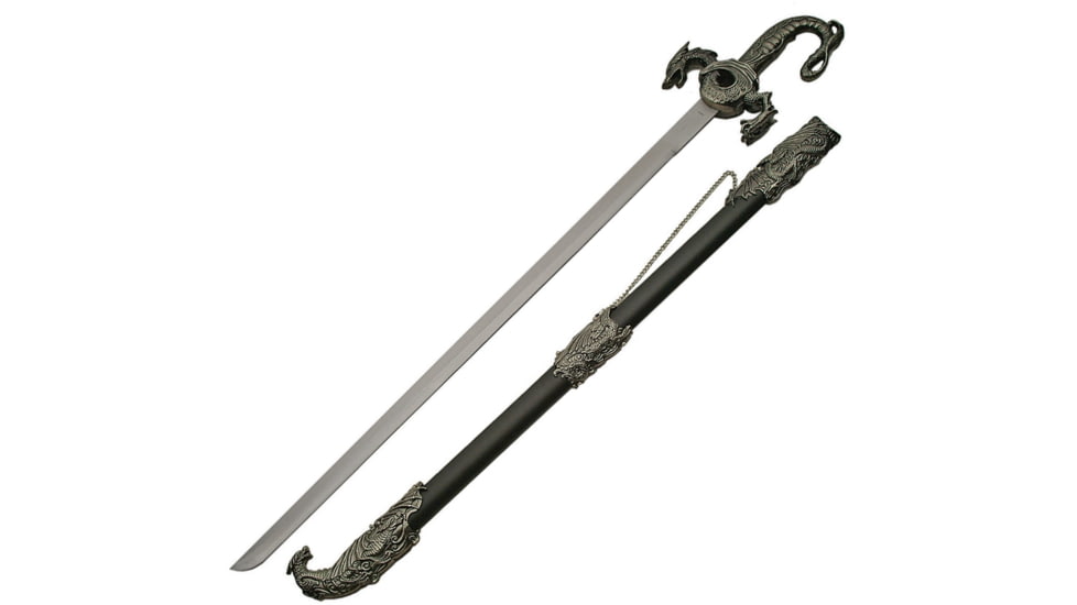 China Made Dragon Sword W/Scabbard, Dragon Sword, 35.75in Overall, 28.25in Satin SS Blade, Silver Sculpted Aluminum Handle, Silver, 926916