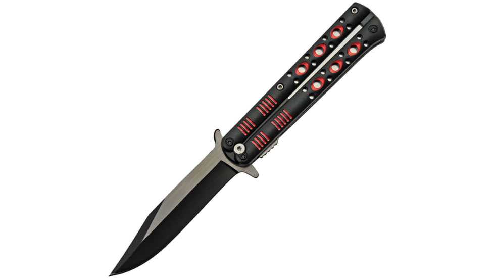 China Made Fly Linerlock A/O Red Folding Knife, 4 two-tone finish stainless clip point blade, Black and red ABS handle, 300514-RD