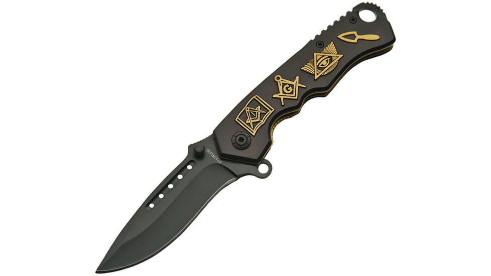 China Made Folder Gold Mason Symbol Folding Knife, 3.5in Black SS Drop Point, Black Aluminum, Black, 300423-GD