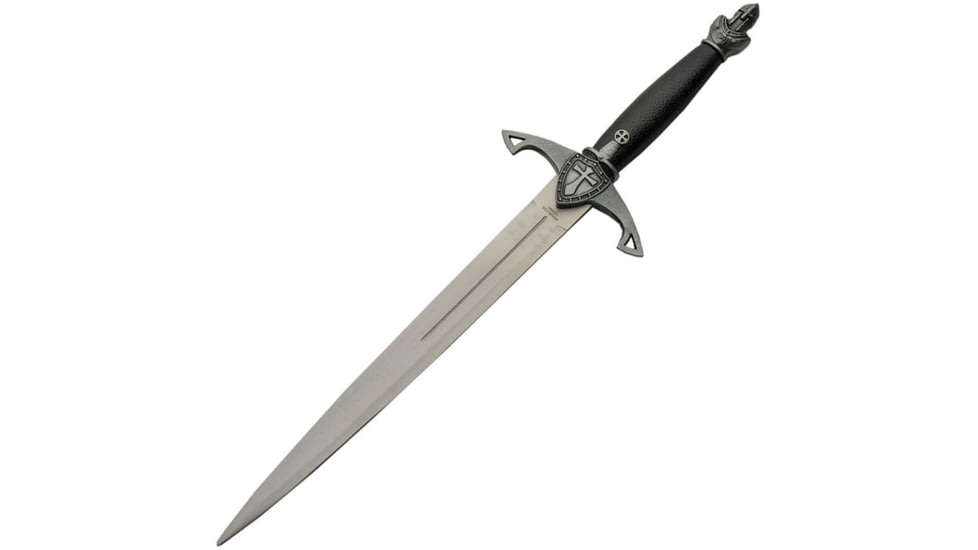 China Made Knights Dagger, 12.75in Overall, 7.75in Satin Unsharpened SS Blade, Black/Gray Synthetic Handle, Metal Alloy Guard And Pommel, Black Synthetic Scabbard, 211445-SL