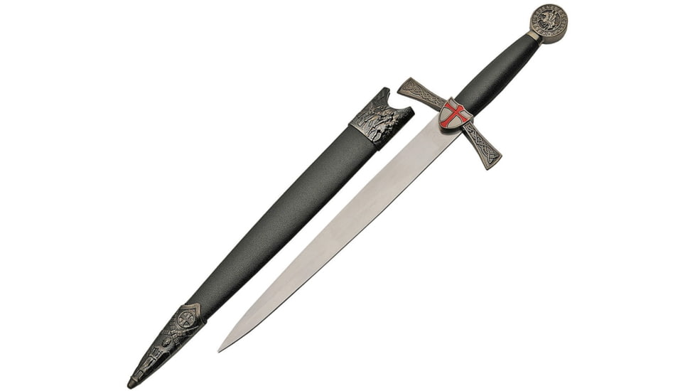 China Made Knights Templar Dagger Fixed Blade Knife, 16in Overall, 9in Mirror SS Dagger Blade, Black Synthetic Handle, Metal Alloy Guard And Pommel, Black Synthetic Scabbard, Black, 211438