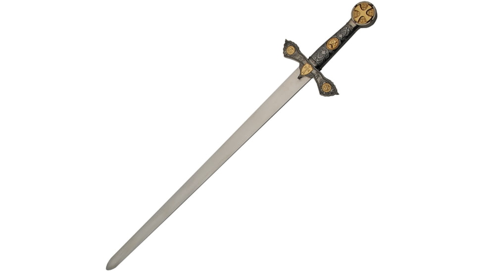 China Made Knights Templar Sword, 33in Overall, 22in Mirror Unsharpened SS Blade, Gold Finish Pewter Handle And Guard, Black Wood Scabbard, 211434
