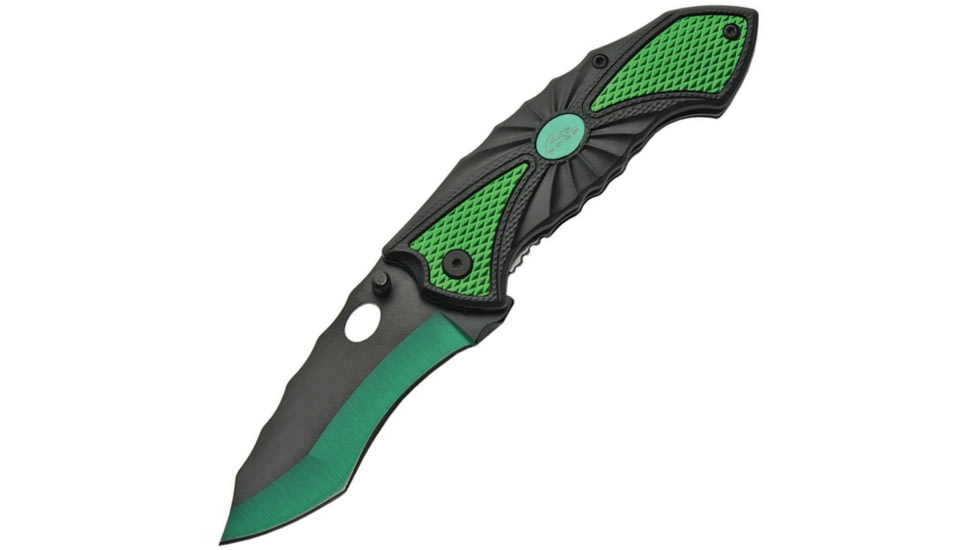 China Made Linerlock A/O Folding Knife, 4.5in Closed, 3.25in Two-Tone Finish SS Blade, Black/Green Checkered Aluminum, Black/Green, 300445-GN
