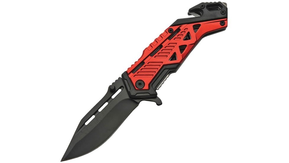 China Made Linerlock A/O Folding Knife, 4.63in Closed, 3in Black SS Clip Point Blade, Black/Red Aluminum, Black/Red, 300462-RD