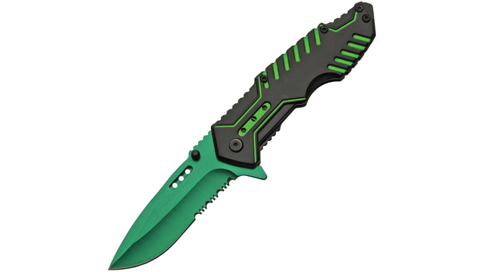 China Made Linerlock A/O Folding Knife, 4.88in Closed, 3.5in Green Finish Partially Serrated SS Drop Point, Black/Green Aluminum, Black/Green, 300413-GN