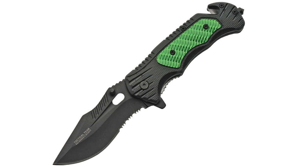 China Made Linerlock A/O Folding Knife, 5in Closed, 3.75in Black Partially Serrated SS Blade, Black/Green Aluminum, Black/Green, 300446-GN