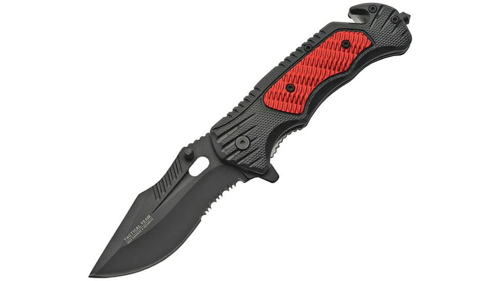 China Made Linerlock A/O Folding Knife, 5in Closed, 3.75in Black Partially Serrated SS Blade, Black/Red Aluminum, Black/Red, 300446-RD