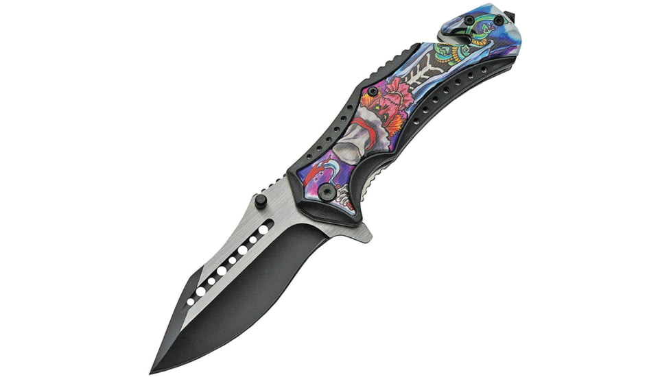 China Made Linerlock A/O Folding Knife, 5in Closed, 3.75in Two-Tone Finish SS Blade, Black Nylon with Scarecrow skull nylon inlay, Black, 300474