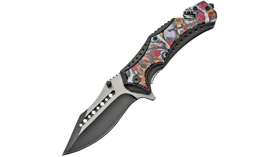 China Made Linerlock A/O Folding Knife, 5in Closed, 3.75in Two-Tone SS Blade, Black Nylon, Black, 300473