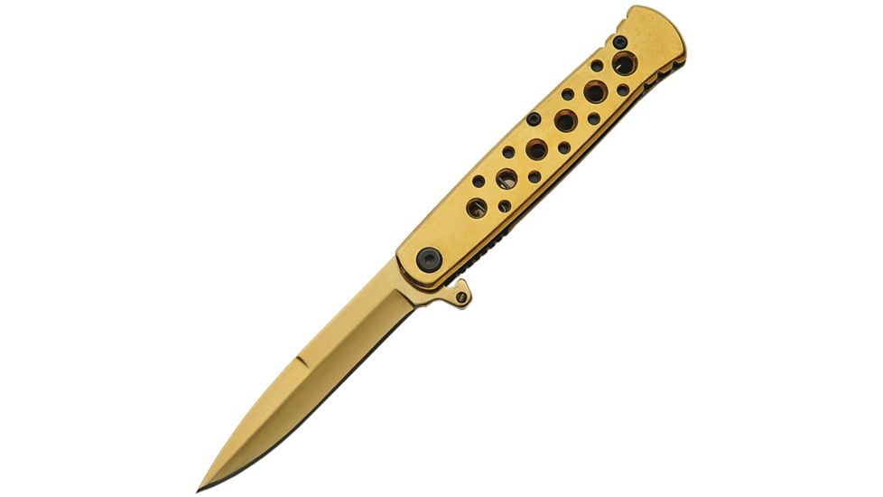 China Made Linerlock Gold A/O Folding Knife,3.25in,Stainless Steel,Standard Edge,Gold Stainless Handle CN300381GD