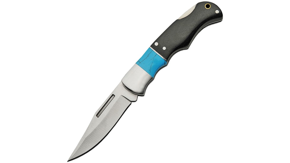 China Made Lockback Pakkawood Folding Knife, 2.5in Satin SS Clip Point Blade, SS Bolster, Black Pakkawood And Faux Turquoise, 211449-BK