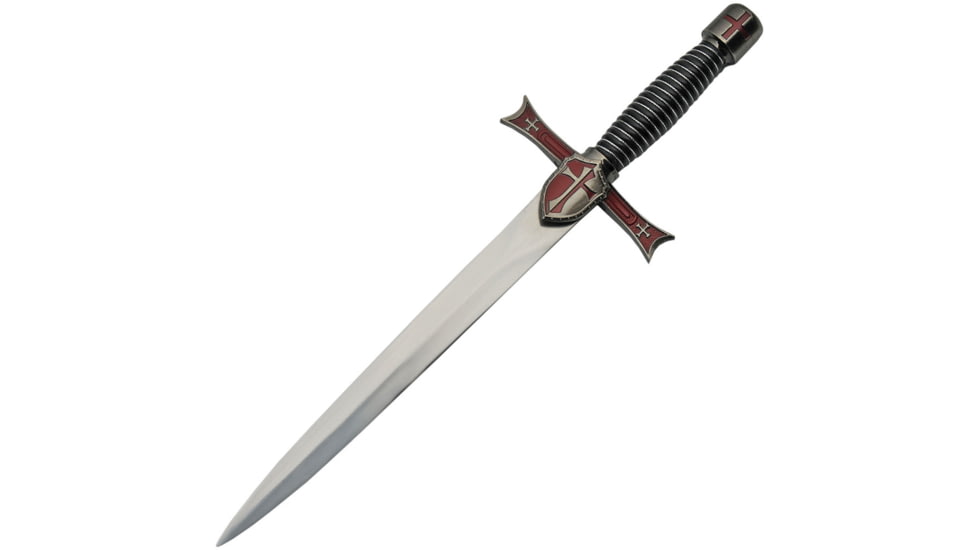 China Made Red Crusader Dagger Knife, 9.5 satin finish unsharpened stainless blade, Black synthetic wire wrapped handle, 211475